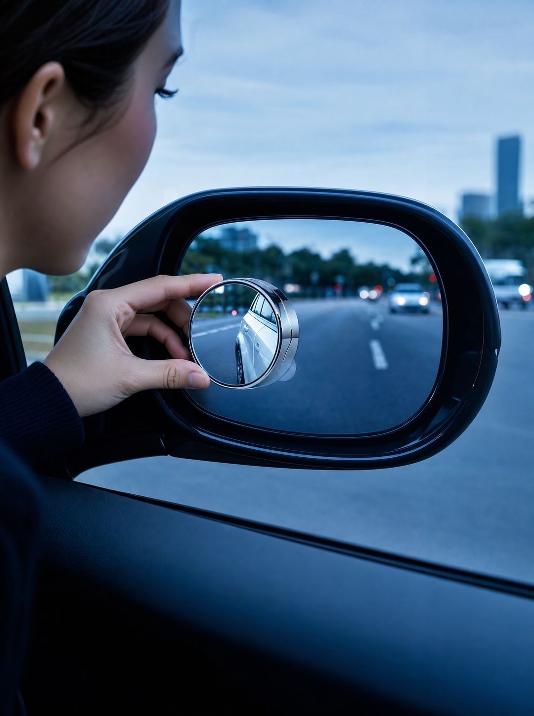 المرأة الجانبية ملصوقة بزاوية على المرآة تكشف السيارة الجانبية