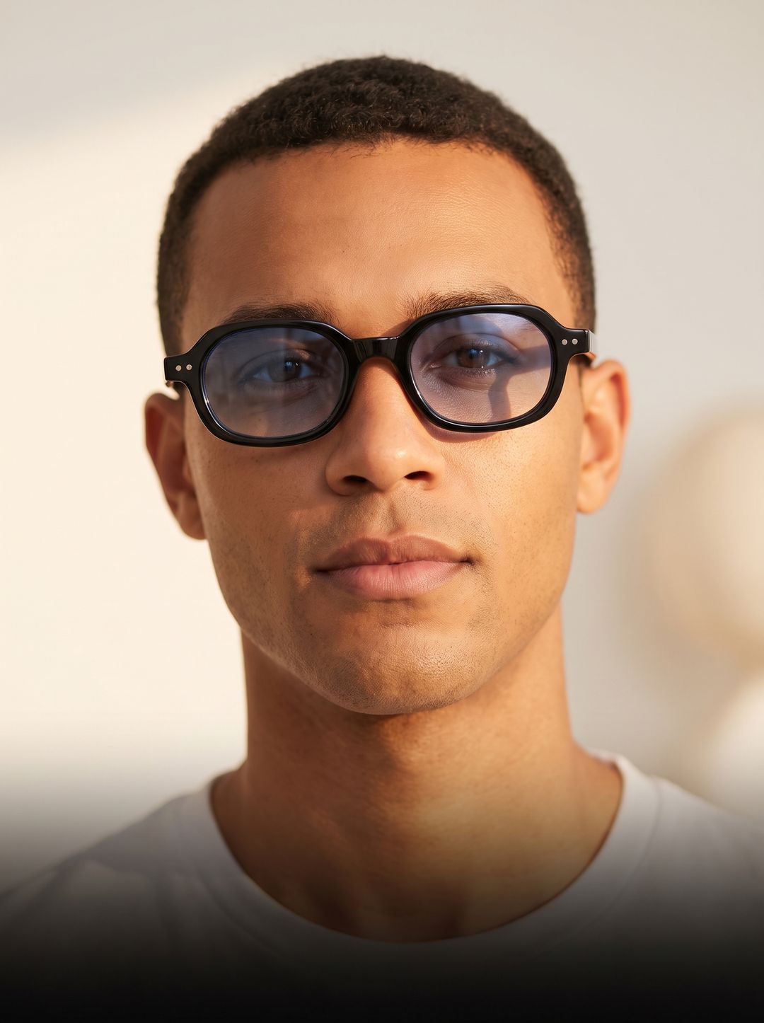 شخص واثق يرتدي نظارة THOMAS BLUE في ضوء نهاري ذهبي